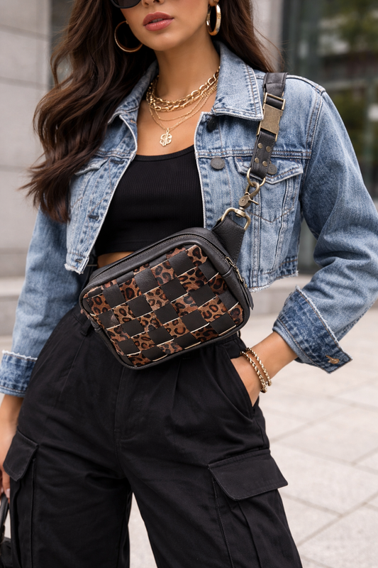 Woven Wildcat Leopard Belt Bag